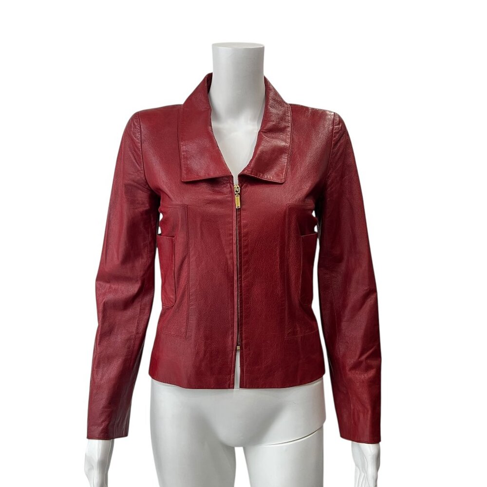 CHANEL VINTAGE 2001S Red Leather Slim Zip Jacket size FR 38/6 (fits like 2)